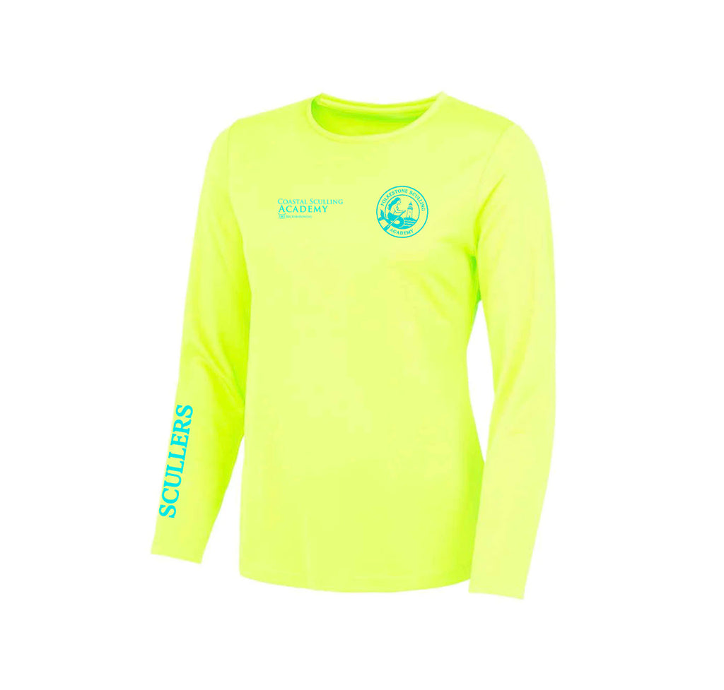 Neon yellow Folkestone Sculling Academy long-sleeve shirt with branding on a white background