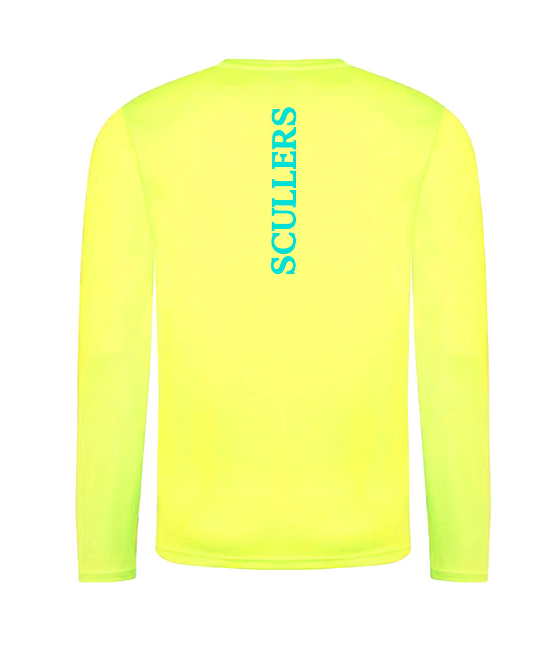 Yellow long-sleeve rowing shirt with 'Scullers' branding on a white background