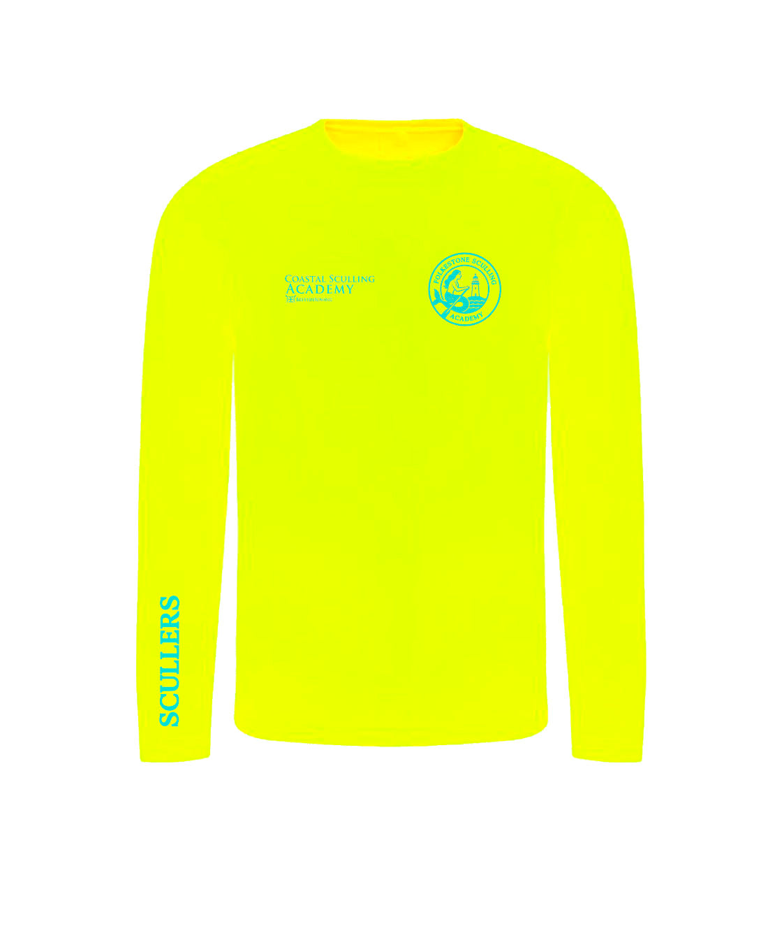 Fluorescent yellow long-sleeve shirt with branding on a white background