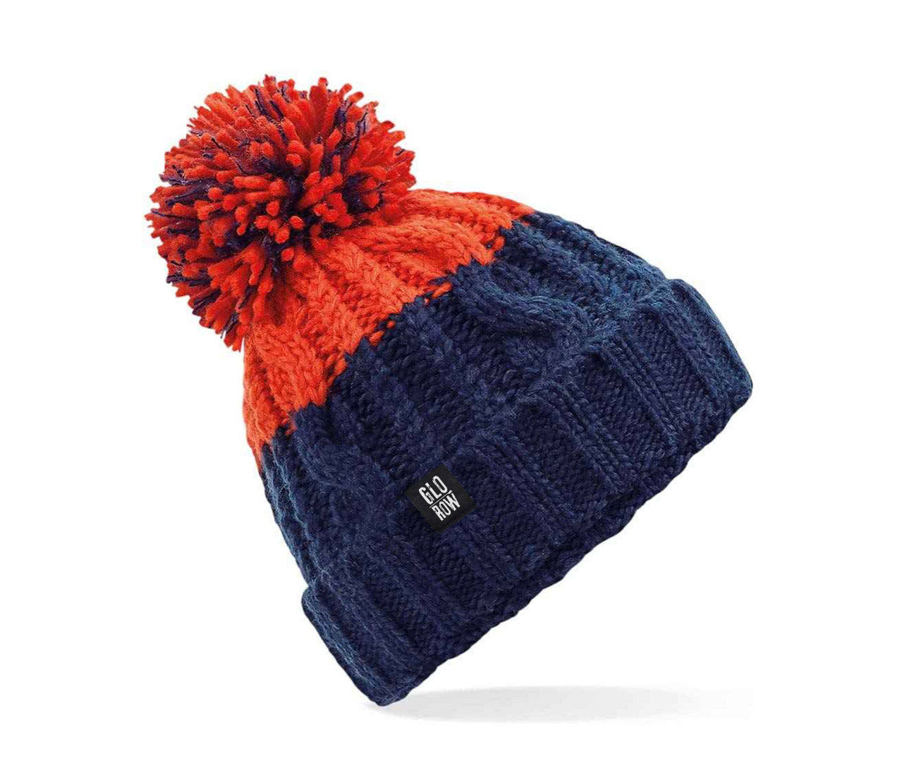 Two-tone beanie with red top and navy bottom on a white background