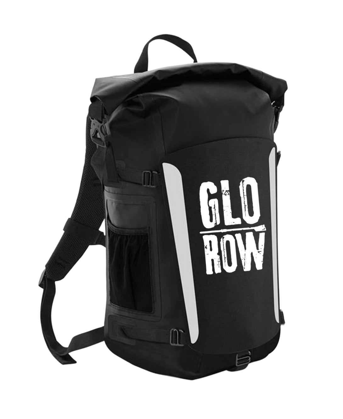 Black backpack with 'Glorow' branding on a white background