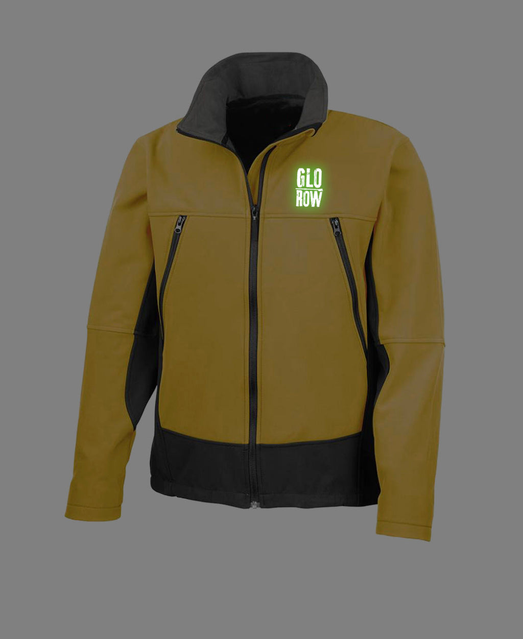 Yellow and black jacket with 'Glo Row' logo glowing in the dark