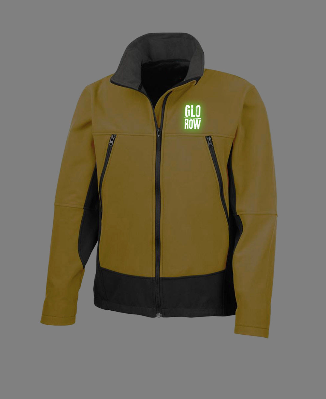 Yellow and black jacket with 'Glo Row' logo glowing in the dark