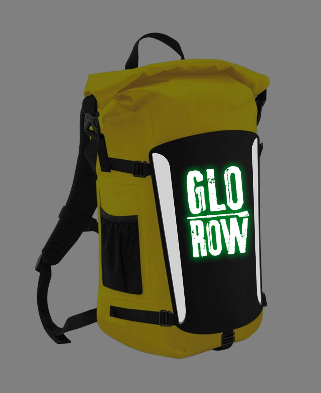 Backpack with 'GLO ROW' text on a dark background