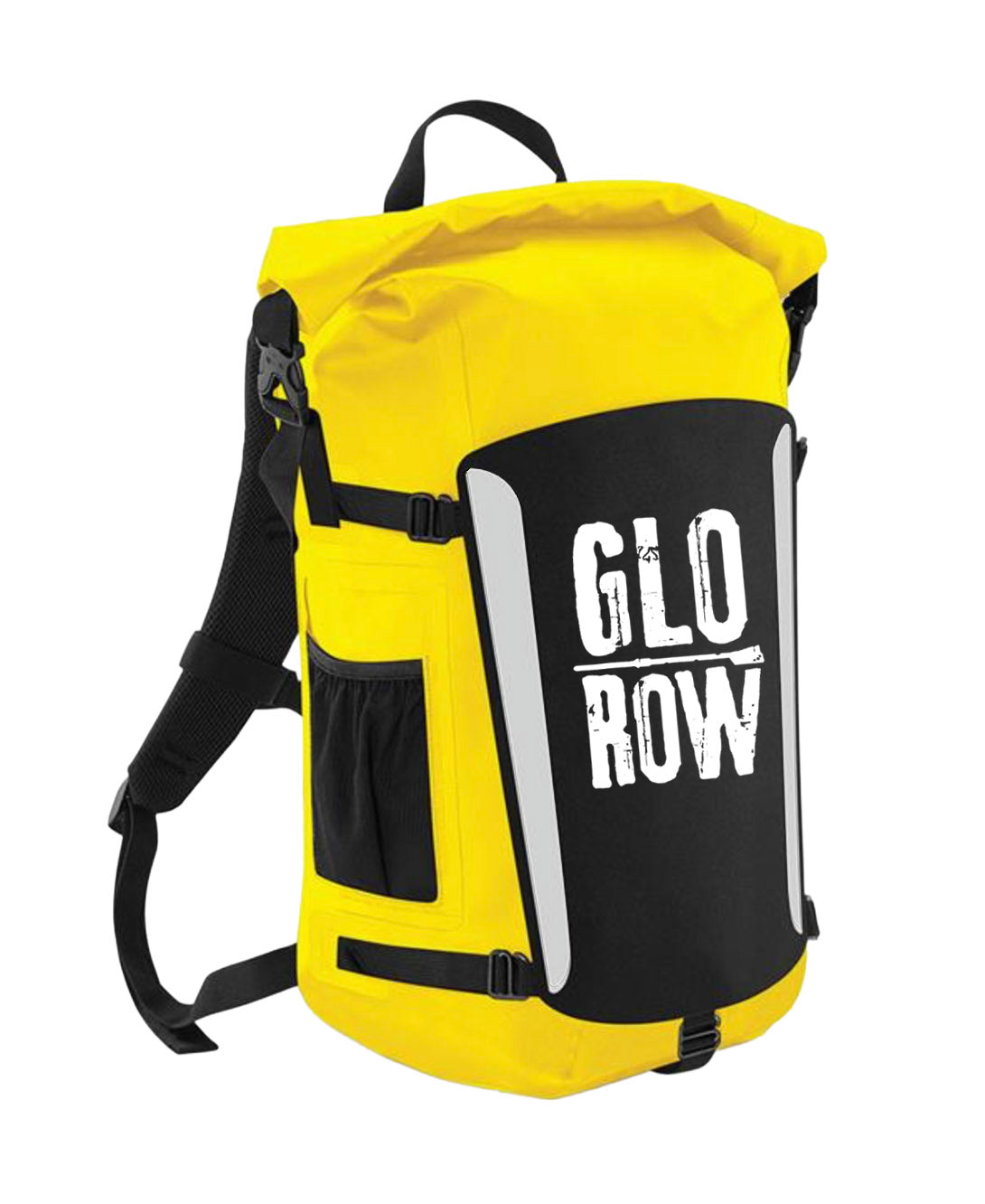Yellow and black backpack with 'Glorow' branding on a white background
