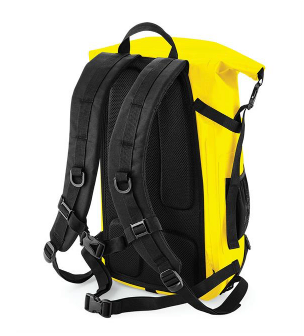 Yellow backpack with black straps on a white background