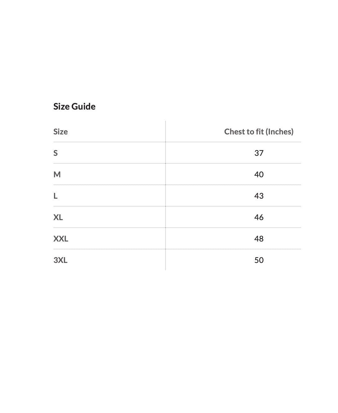 Size guide chart for clothing with chest measurements in inches.