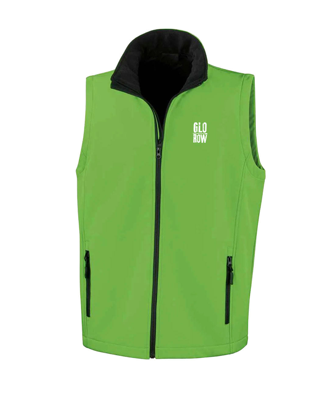 Vivid Green vest with black collar and zipper on a white background
