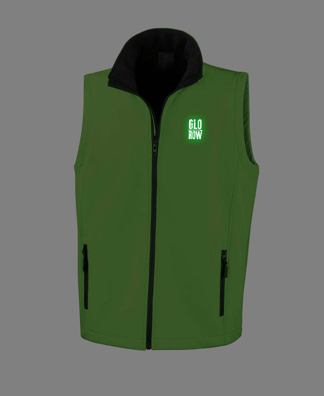 Green vest with black collar and zipper with Glo Row glowing in the dark