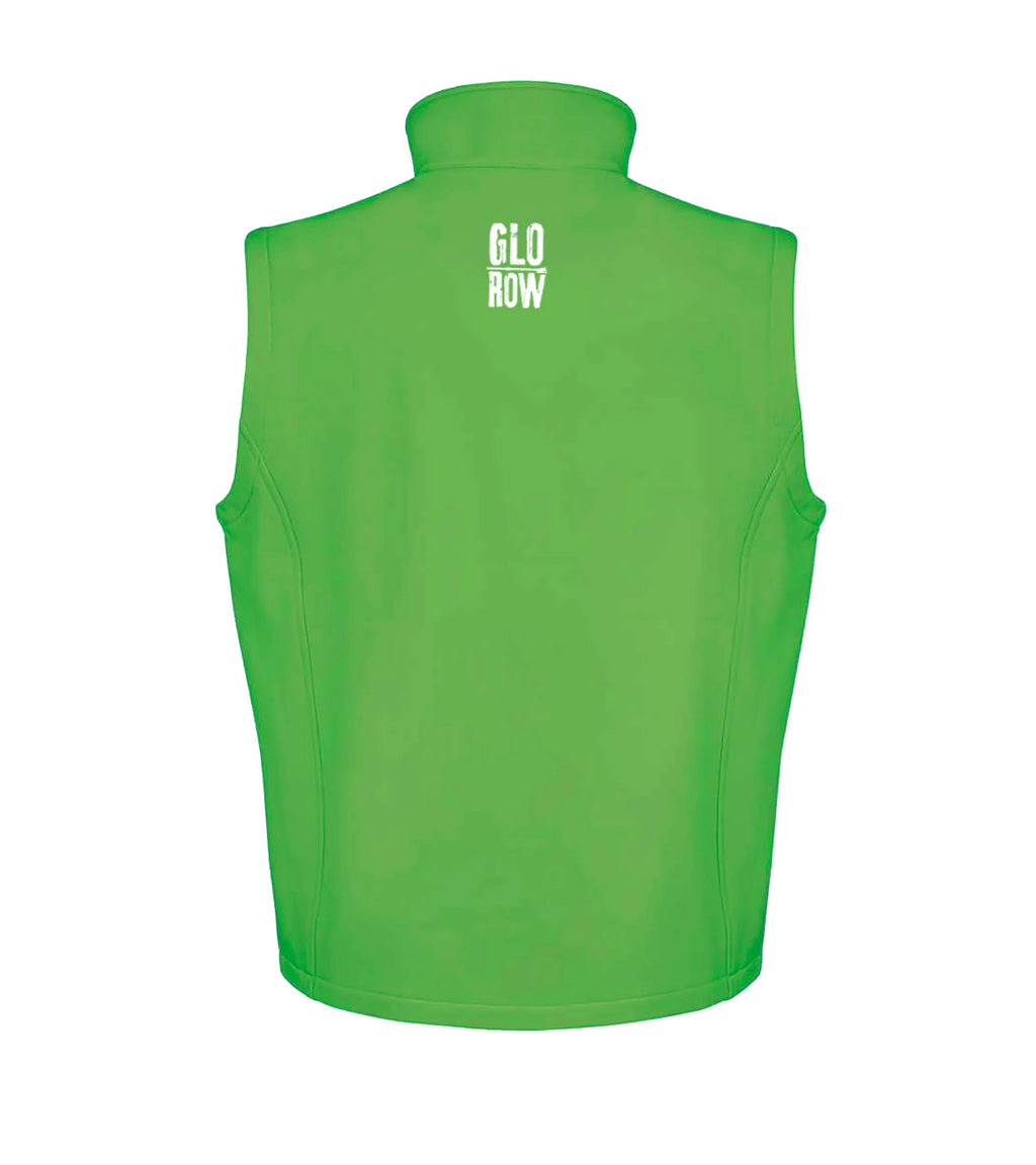 Green vest with 'GLO ROW' text on the back against a white background