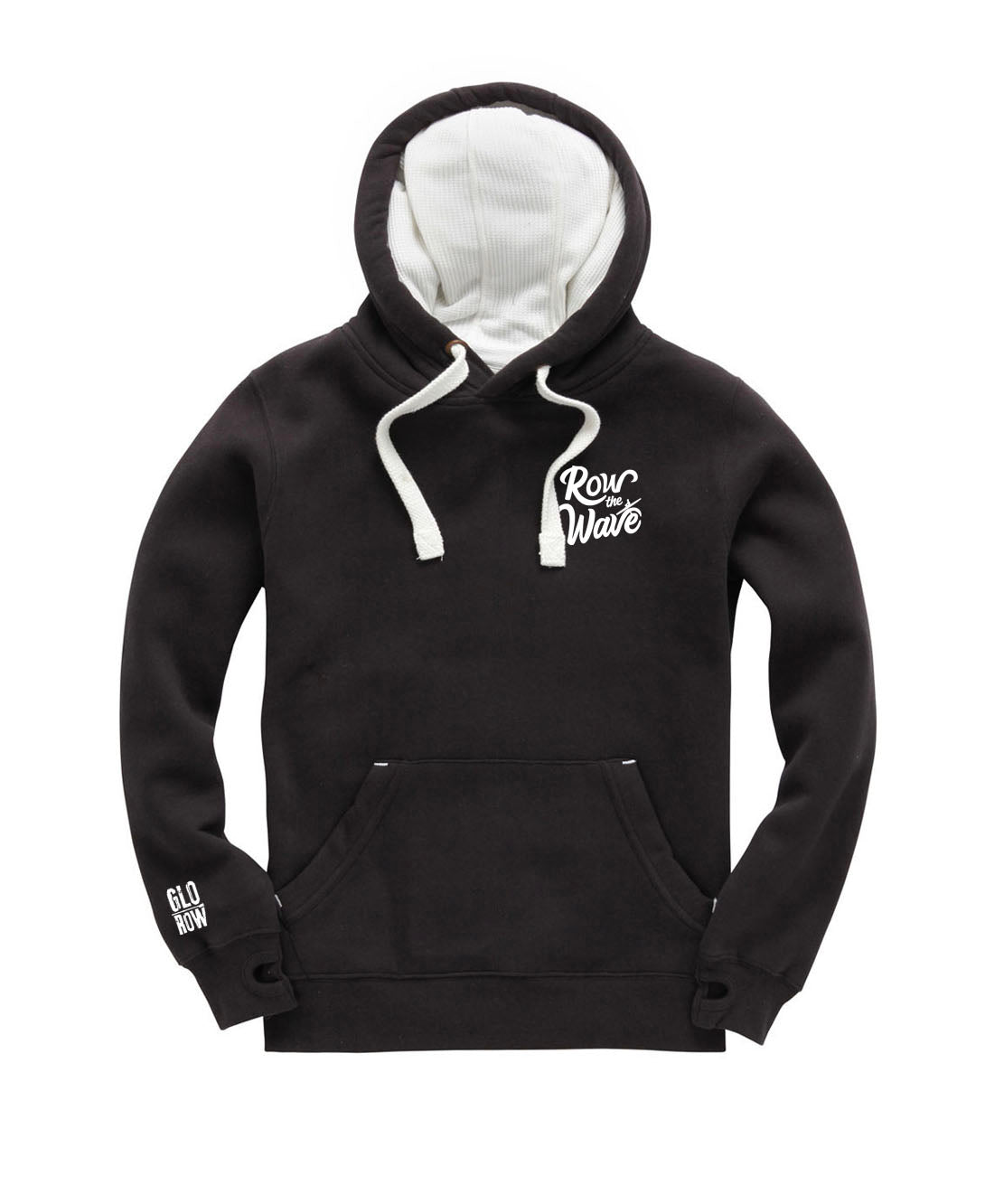Black rowing hoodie with white text on a white background