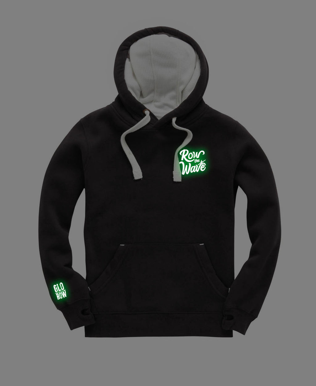 Black hoodie with glow in the dark text 