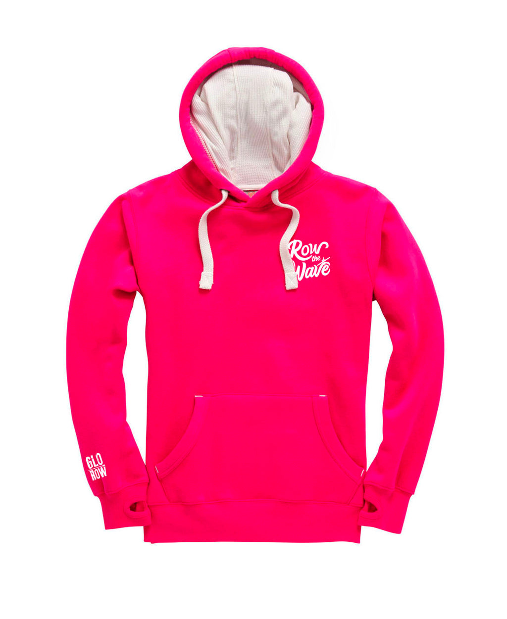 Pink hoodie with white text on a white background