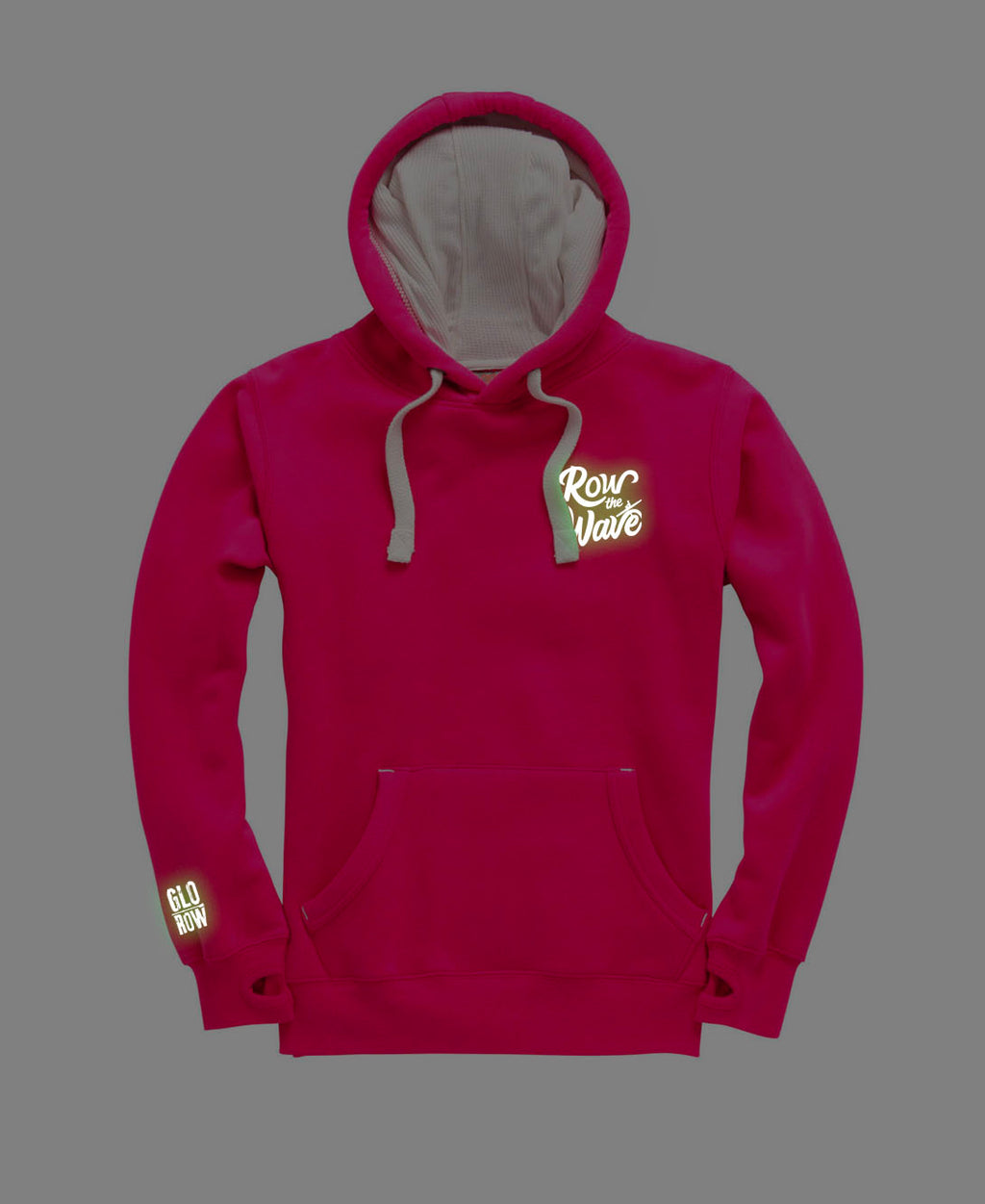 Pink hoodie with a row the wave logo