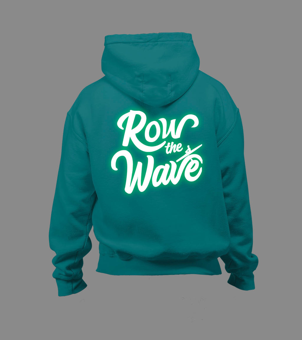 Teal hoodie with 'Row the Wave' text on the back 