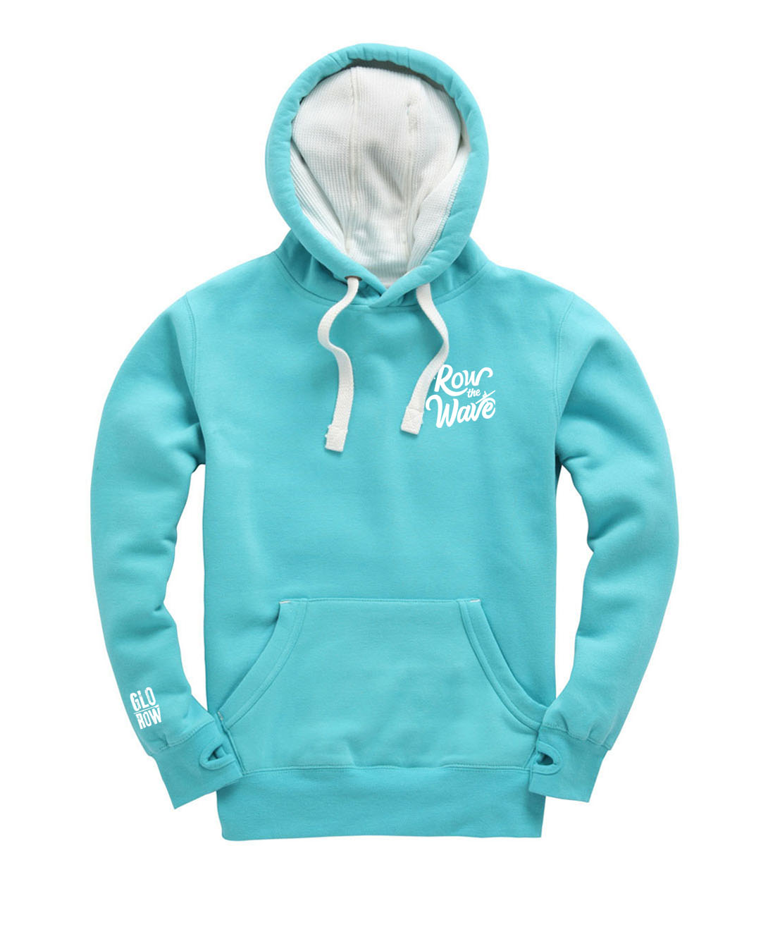 Light blue rowing hoodie with white text on a white background