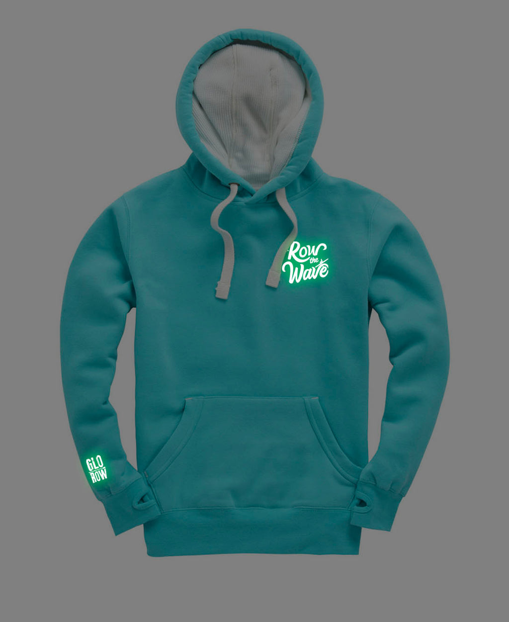 Teal row the wave hoodie with text glowing in the dark