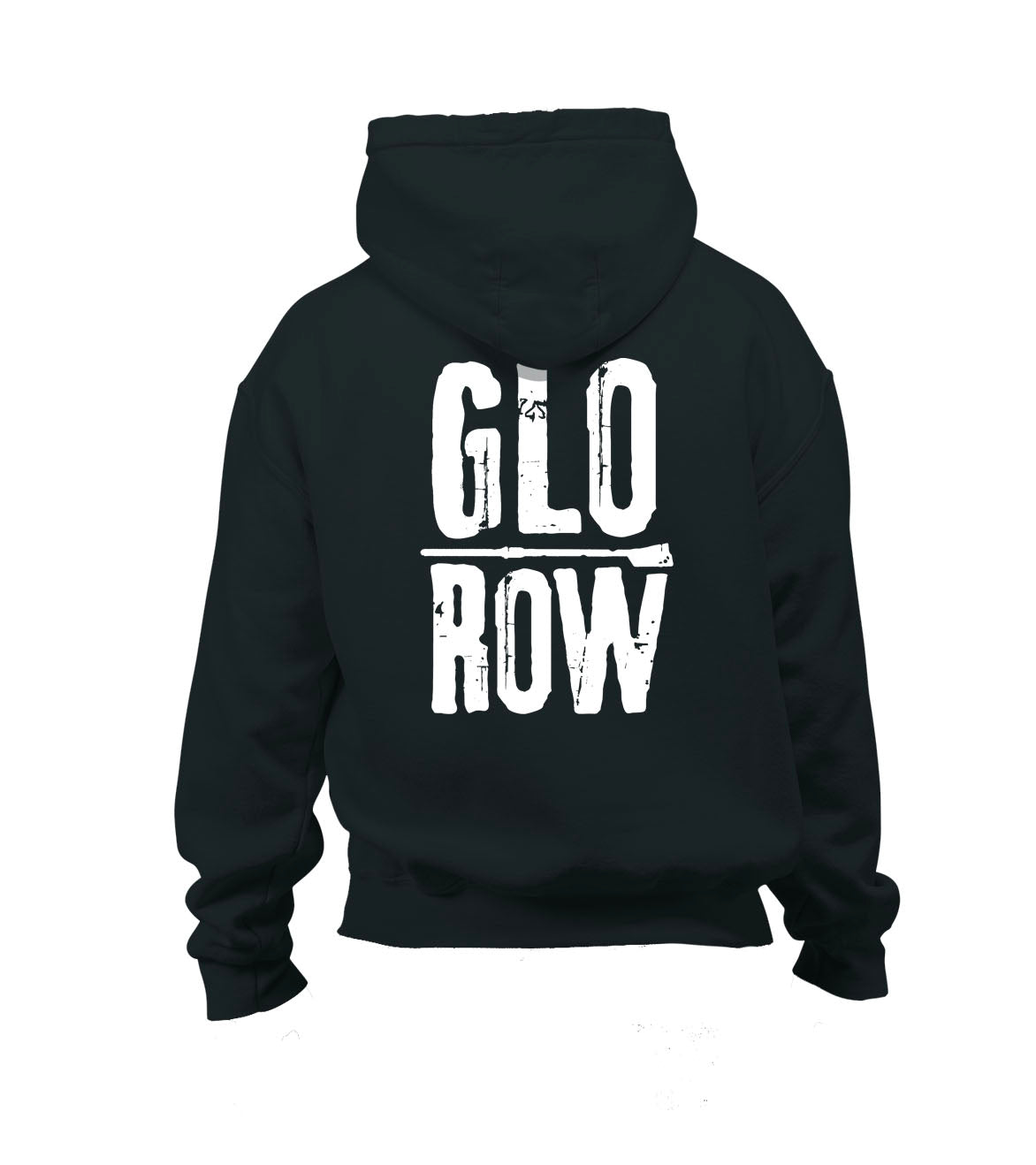 Black rowing hoodie with 'GLO ROW' text on the back against a white background