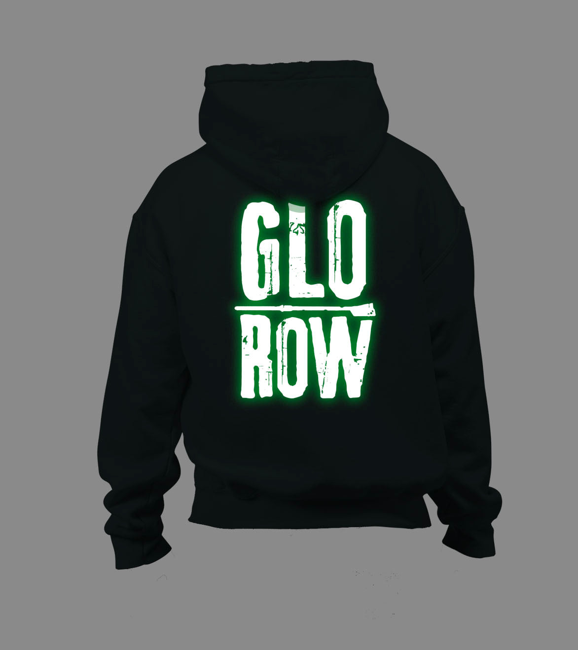 Black hoodie with 'GLO ROW' text on the back glowing in the dark