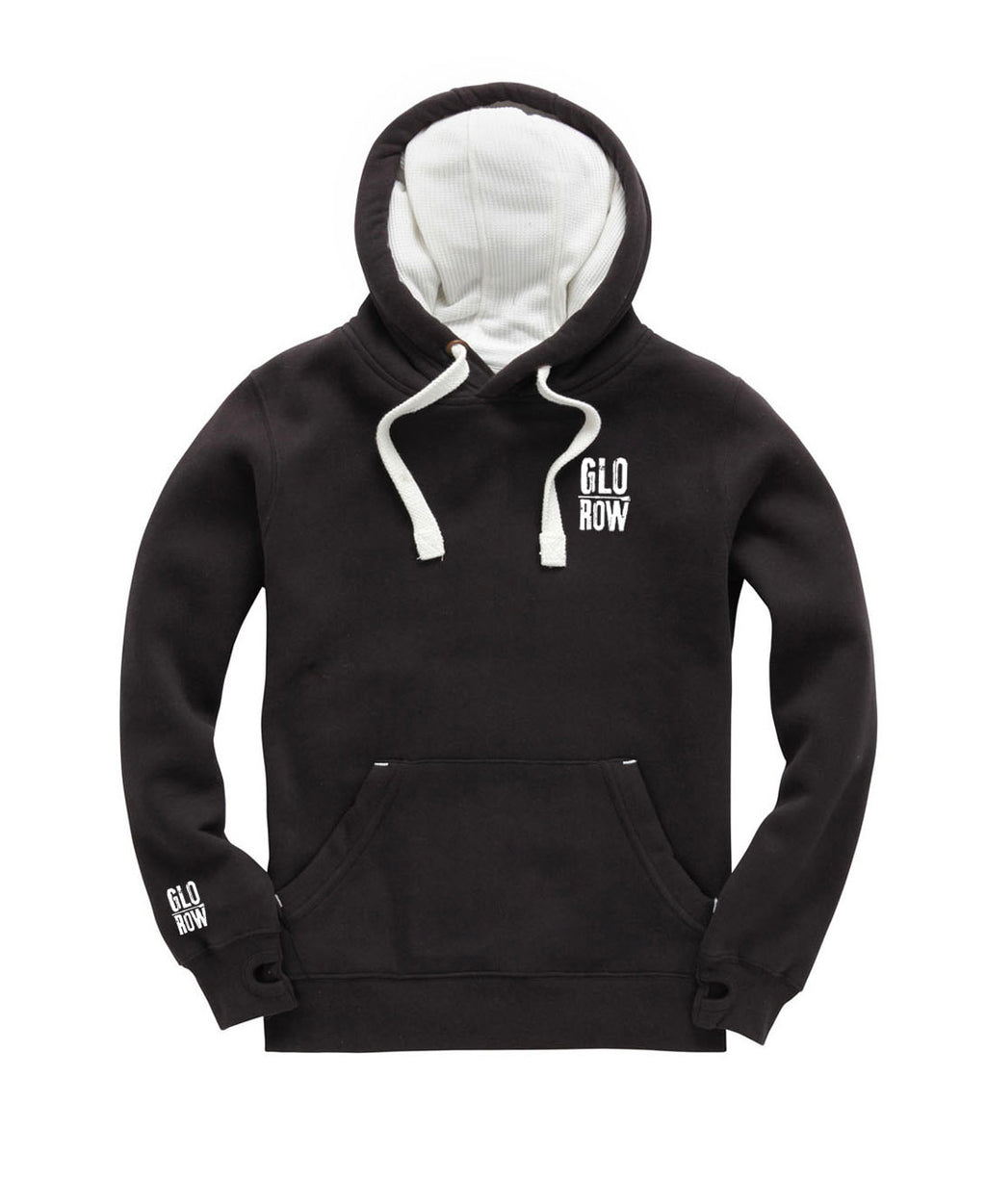 Black hoodie with white text on a white background