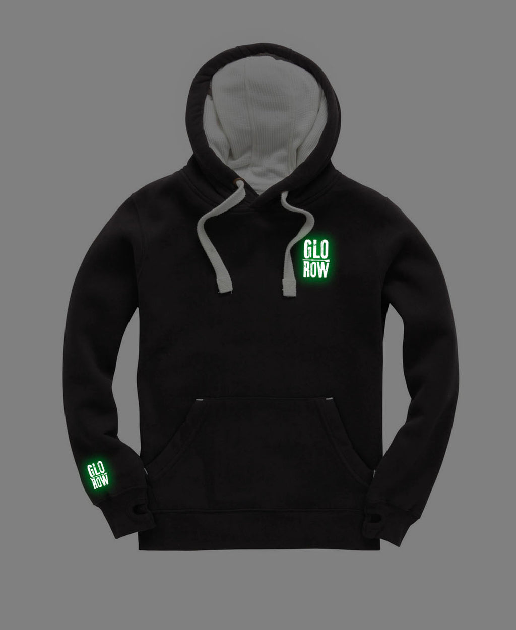 Black hoodie with green 'GLO ROW' text gowing in the dark