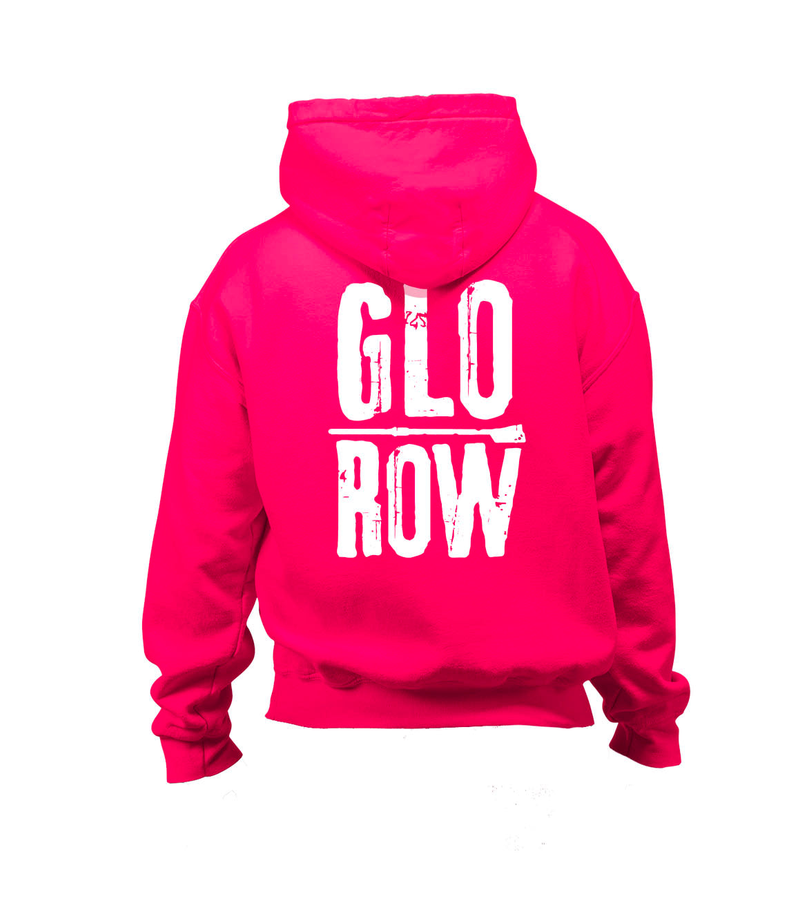 Pink hoodie with 'GLO ROW' text on the back against a white background