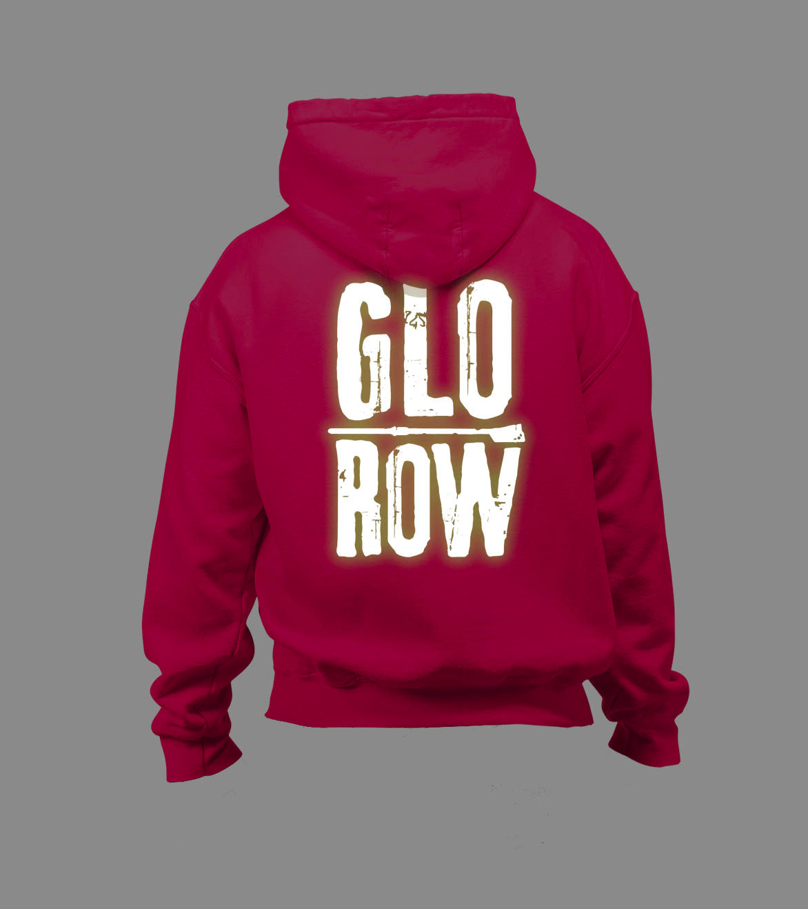 Pink hoodie with 'GLO ROW' text on the back glowing in the dark