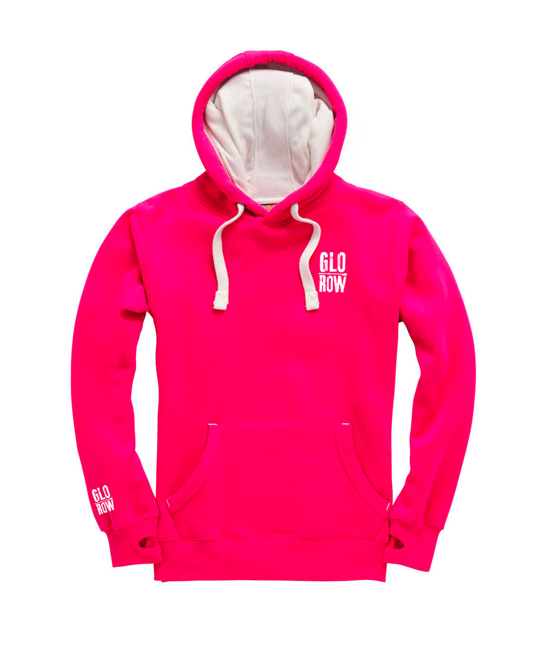 Pink hoodie with 'GLO ROW' text on a white background