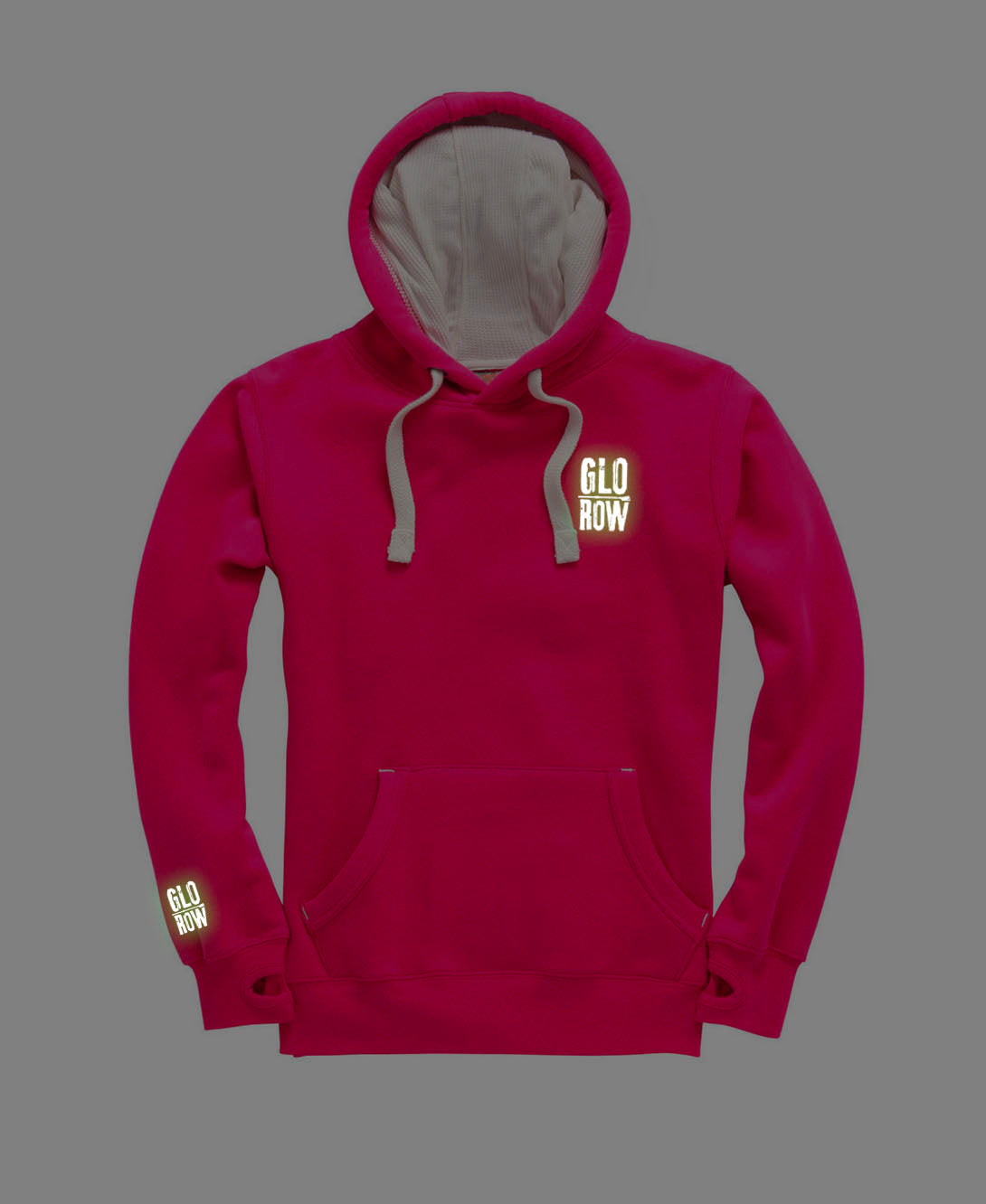 Pink hoodie with 'GLO ROW' Glow in the Dark branding 