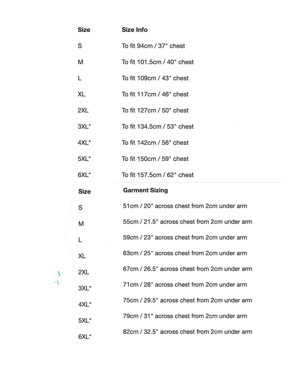 Size chart for hoodies