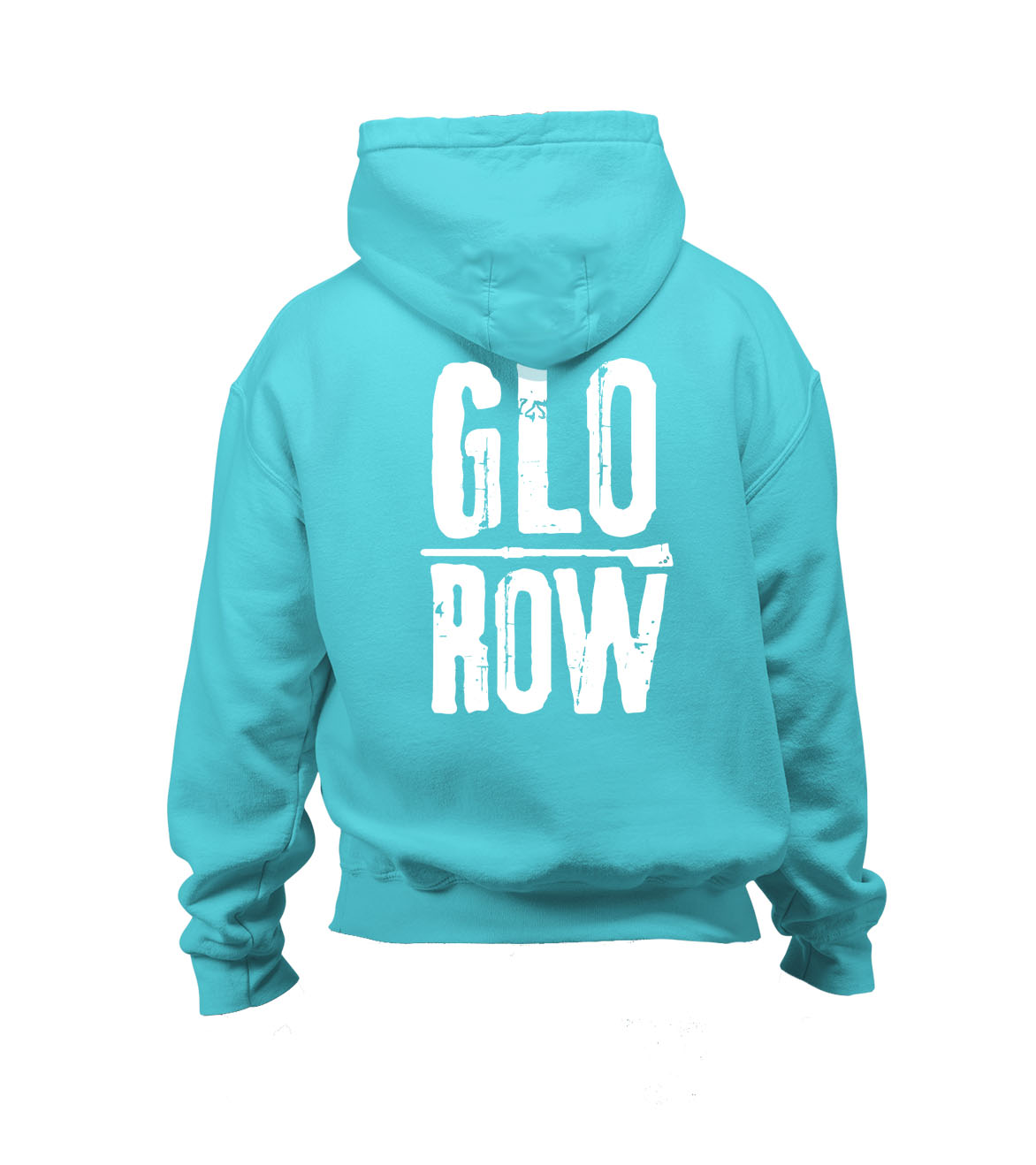 Turquoise hoodie with 'GLO ROW' text on the back against a white background