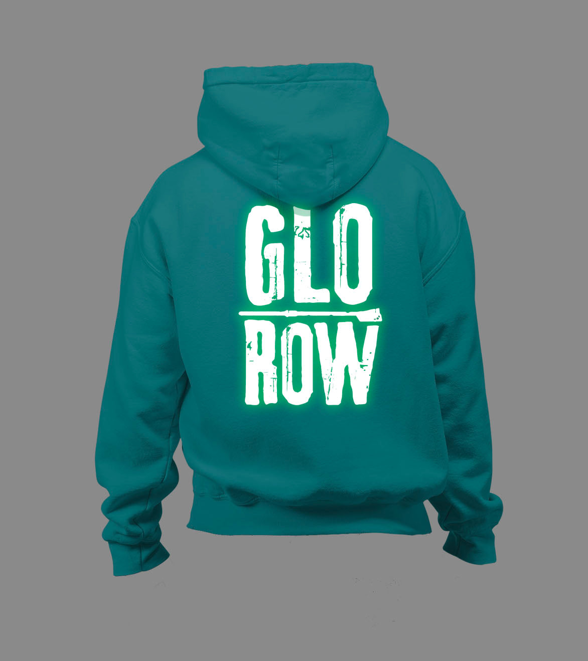 Teal hoodie with 'Glo Row' text on the back in a  glow in the dark glow
