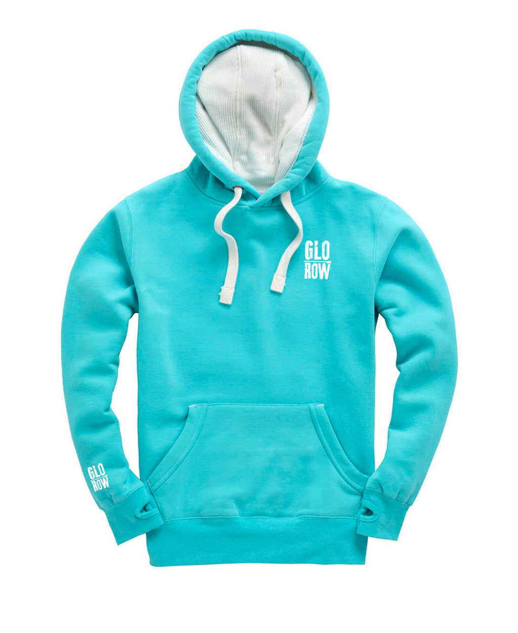 Light blue rowing hoodie with white drawstrings and 'GLO ROW' branding on a white background