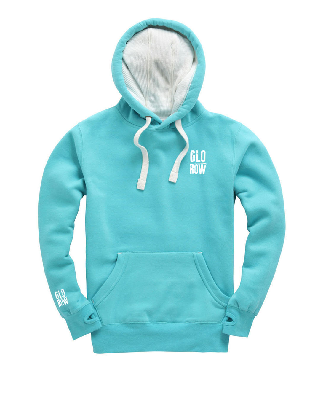Light blue rowing hoodie with white drawstrings and 'GLO ROW' branding on a white background