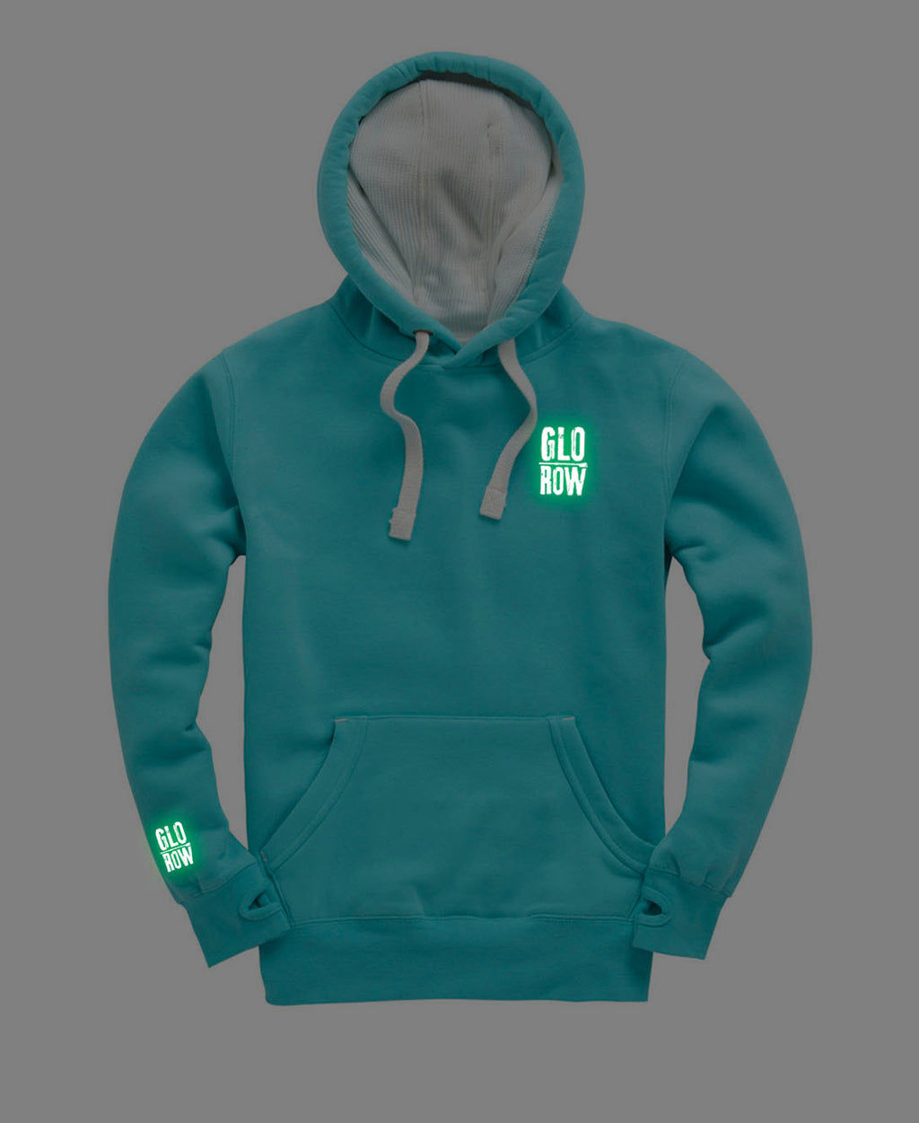 Teal hoodie with 'Glo Row' text glowing in the dark