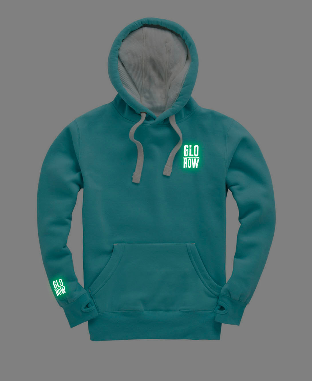 Teal hoodie with 'Glo Row' text glowing in the dark