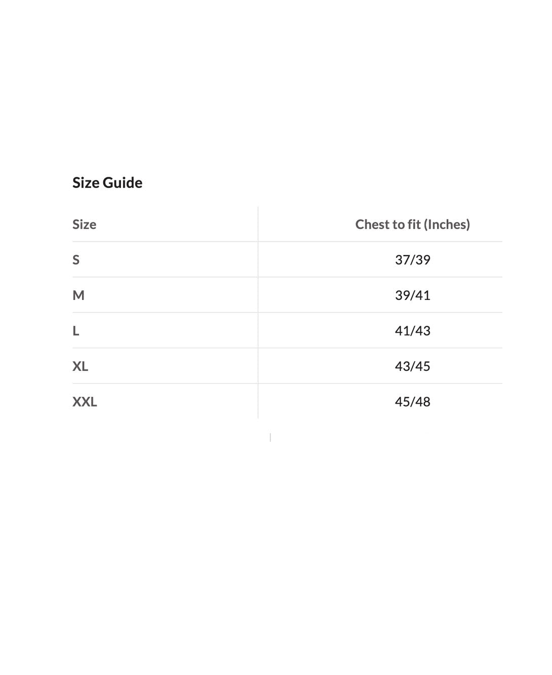 Size chart in inches