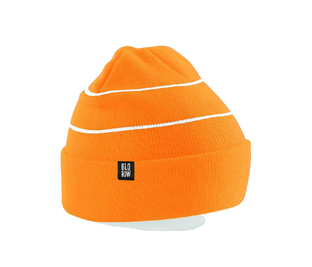Orange beanie with white stripes and a label on a white background