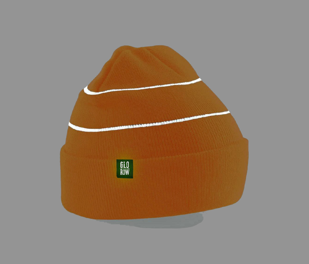 Orange beanie with reflective stripes glowing in the dark