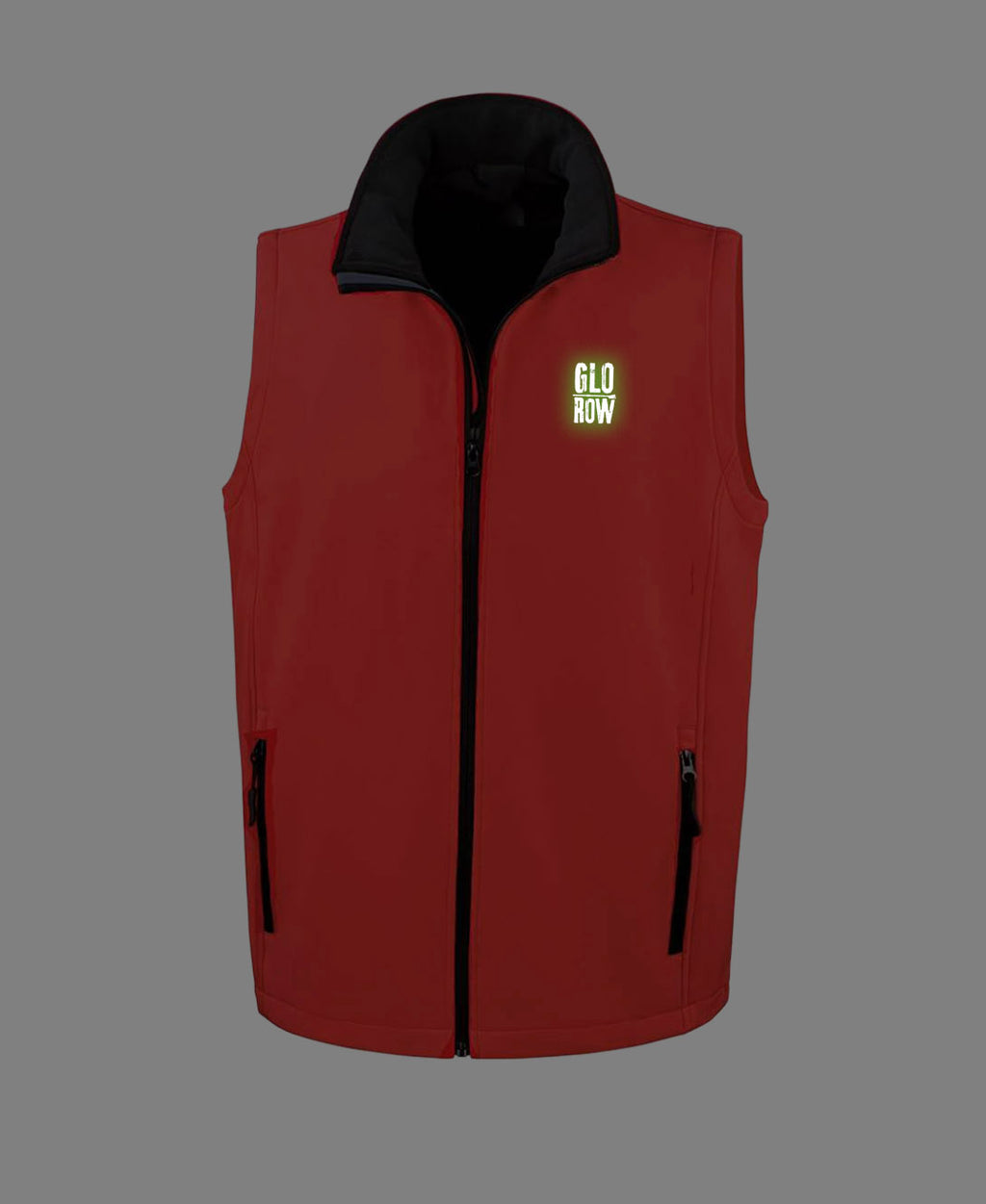 Red vest with black collar and zipper, featuring a glow in the dark Glo Row logo