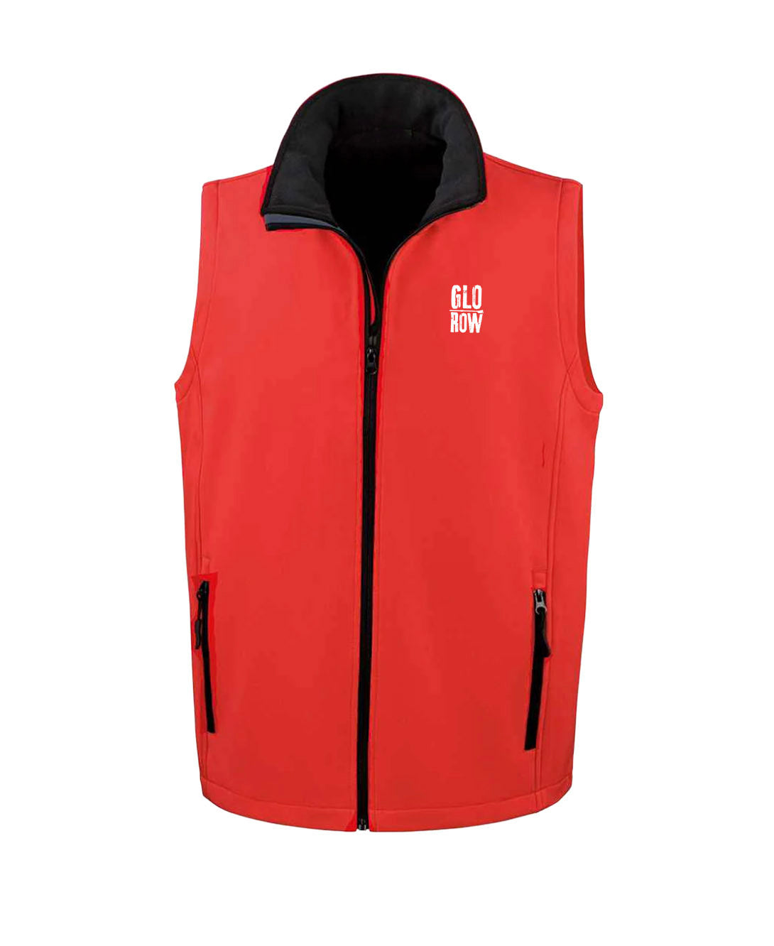 Red vest with black collar and zipper on a white background