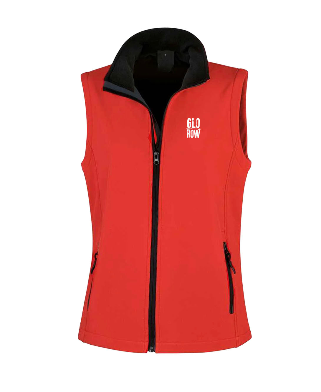 Red vest with black interior and 'GLO ROW' logo on a white background