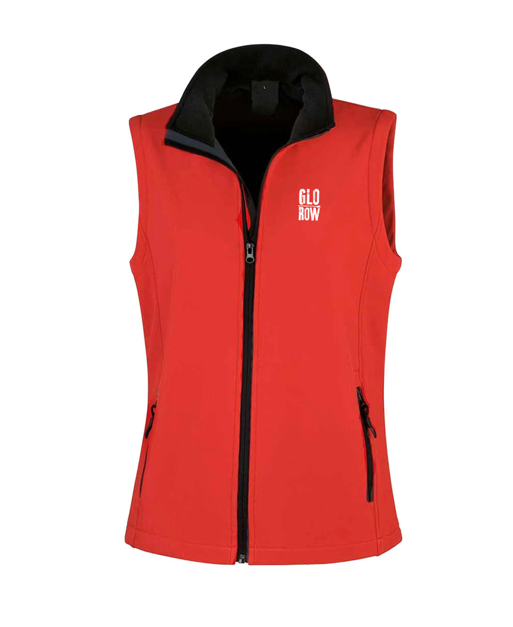 Red gilet with black interior and 'GLO ROW' logo on a white background