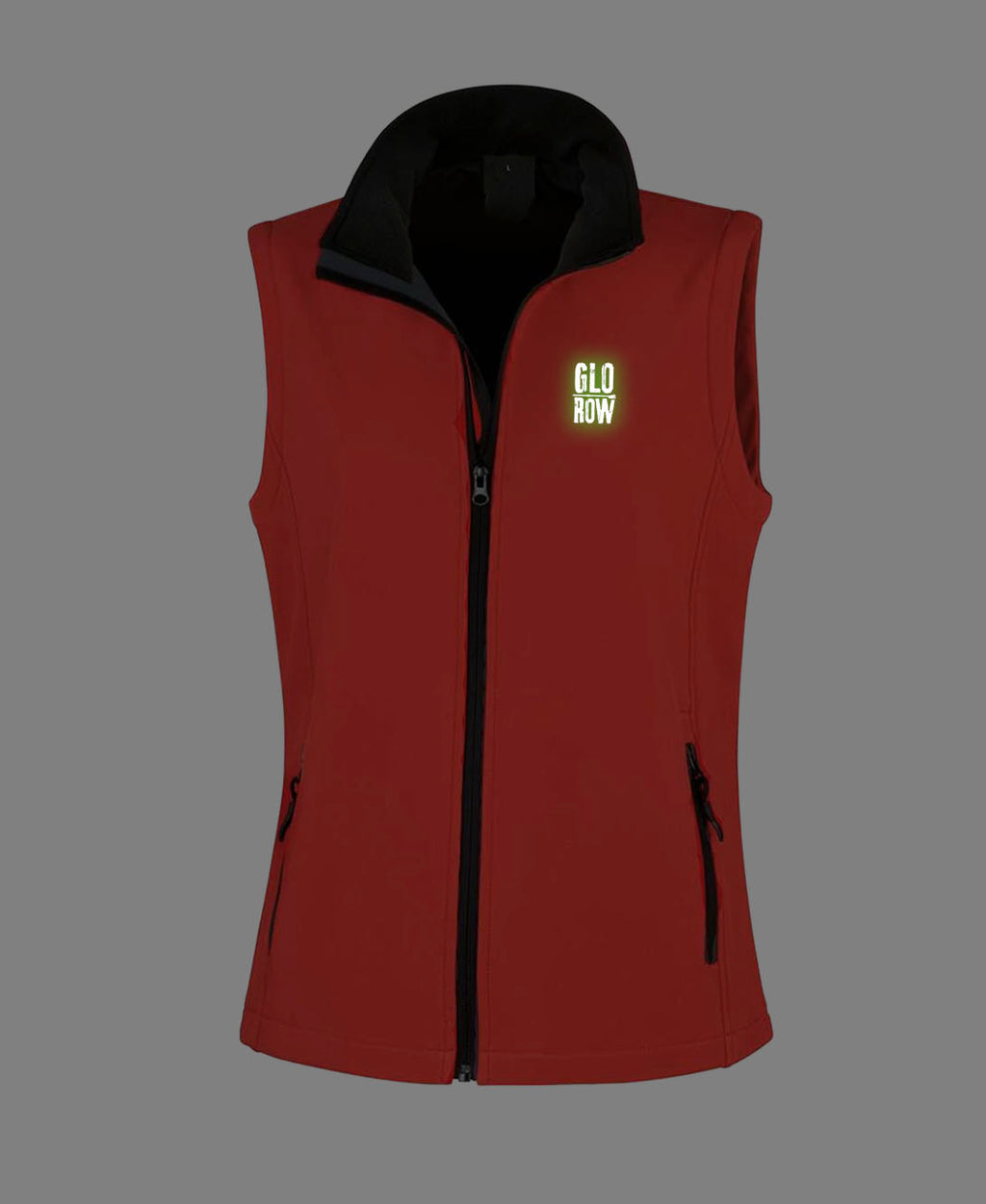 Red vest with black interior and 'GLO ROW' logo glowing in the dark