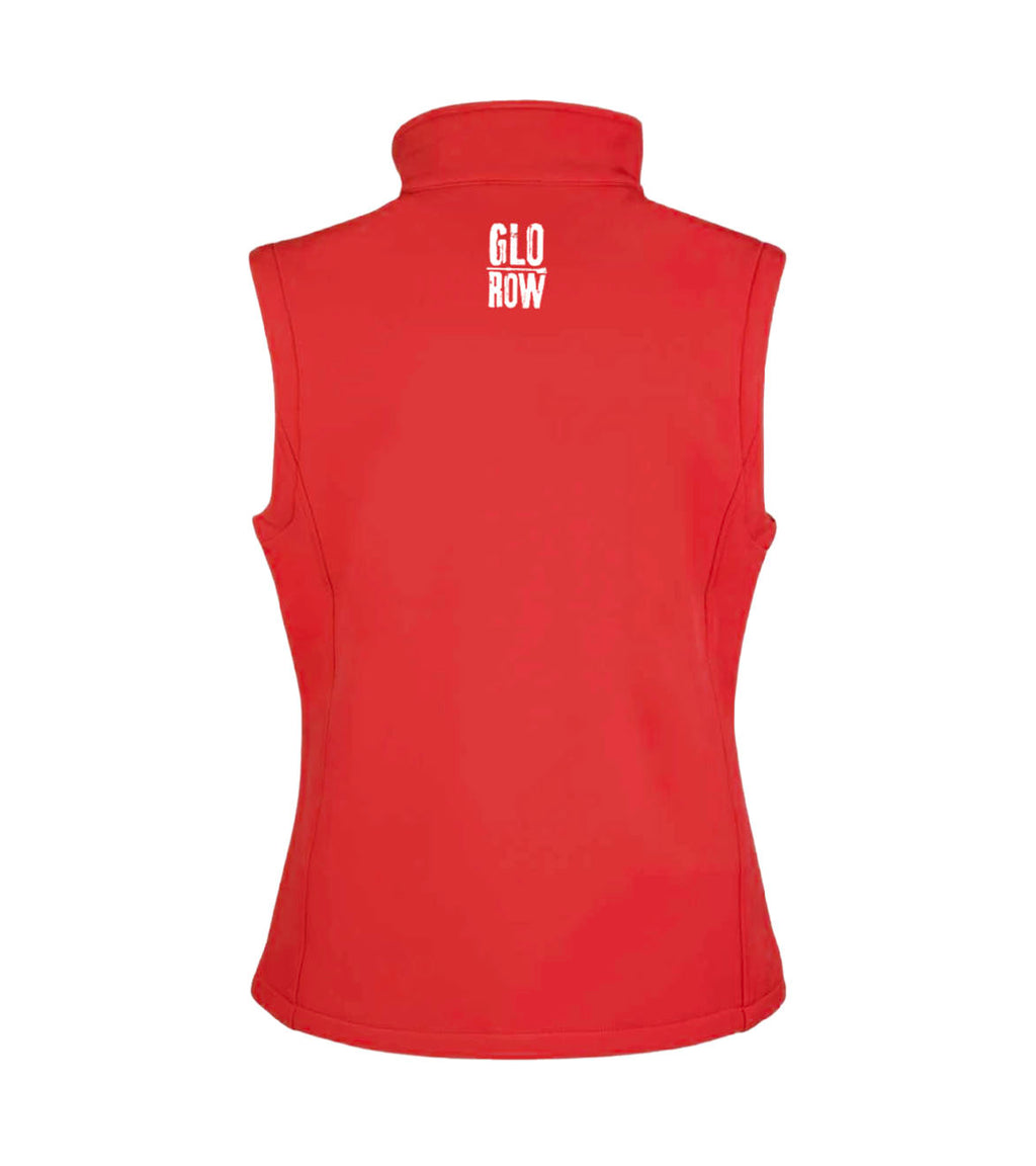 Red sleeveless jacket with 'GLO ROW' branding on the back against a white background