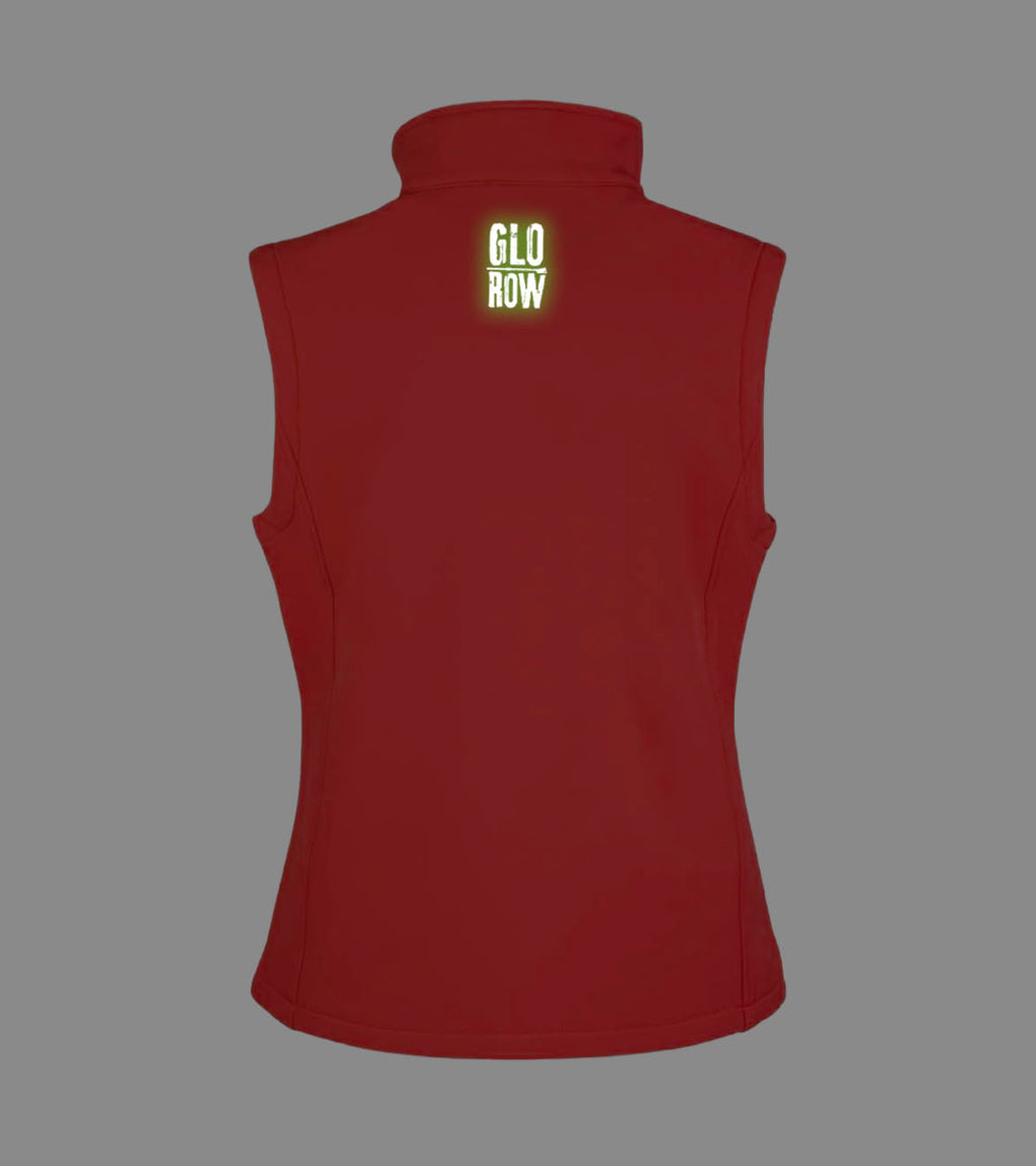 Red rowing vest with 'GLO ROW' Glowing in the dark
