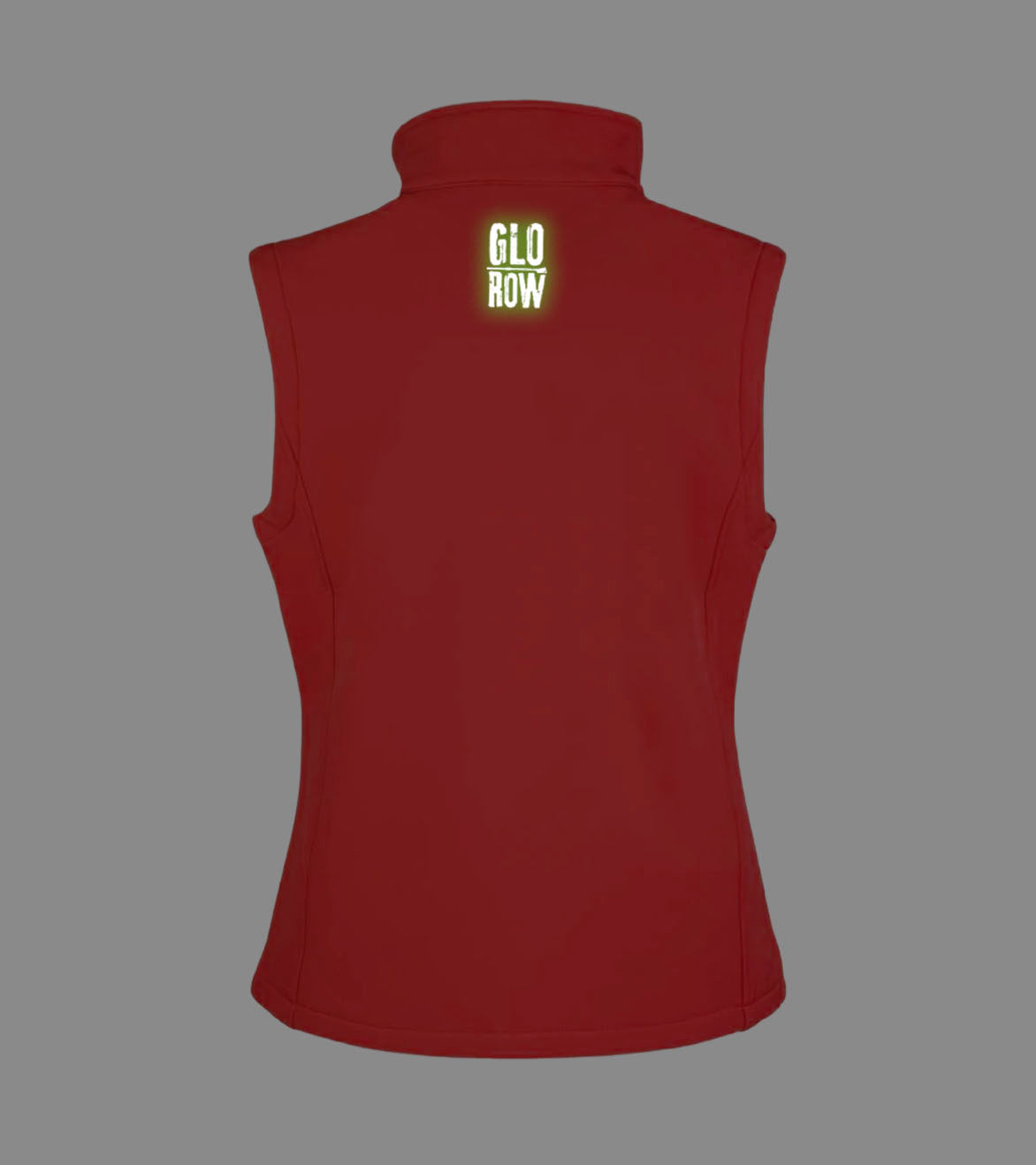 Red rowing vest with 'GLO ROW' Glowing in the dark