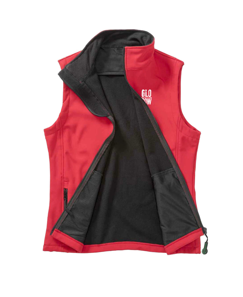 Red and black vest with visible Glo Row branding on a white background