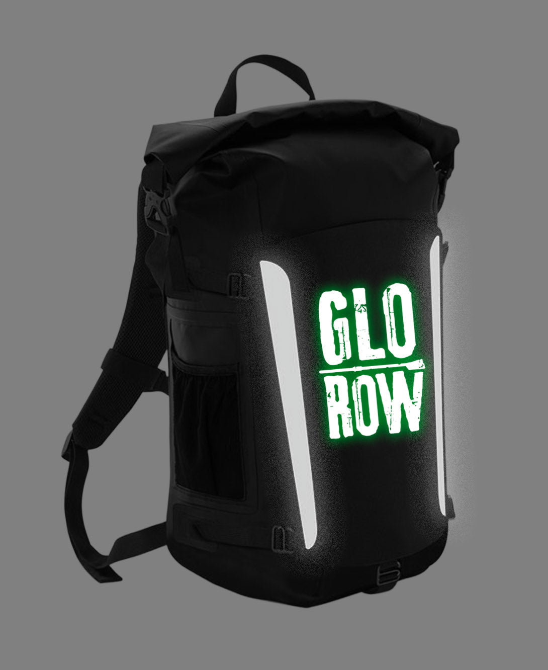 Black backpack with 'GLO ROW' branding glowing in the dark