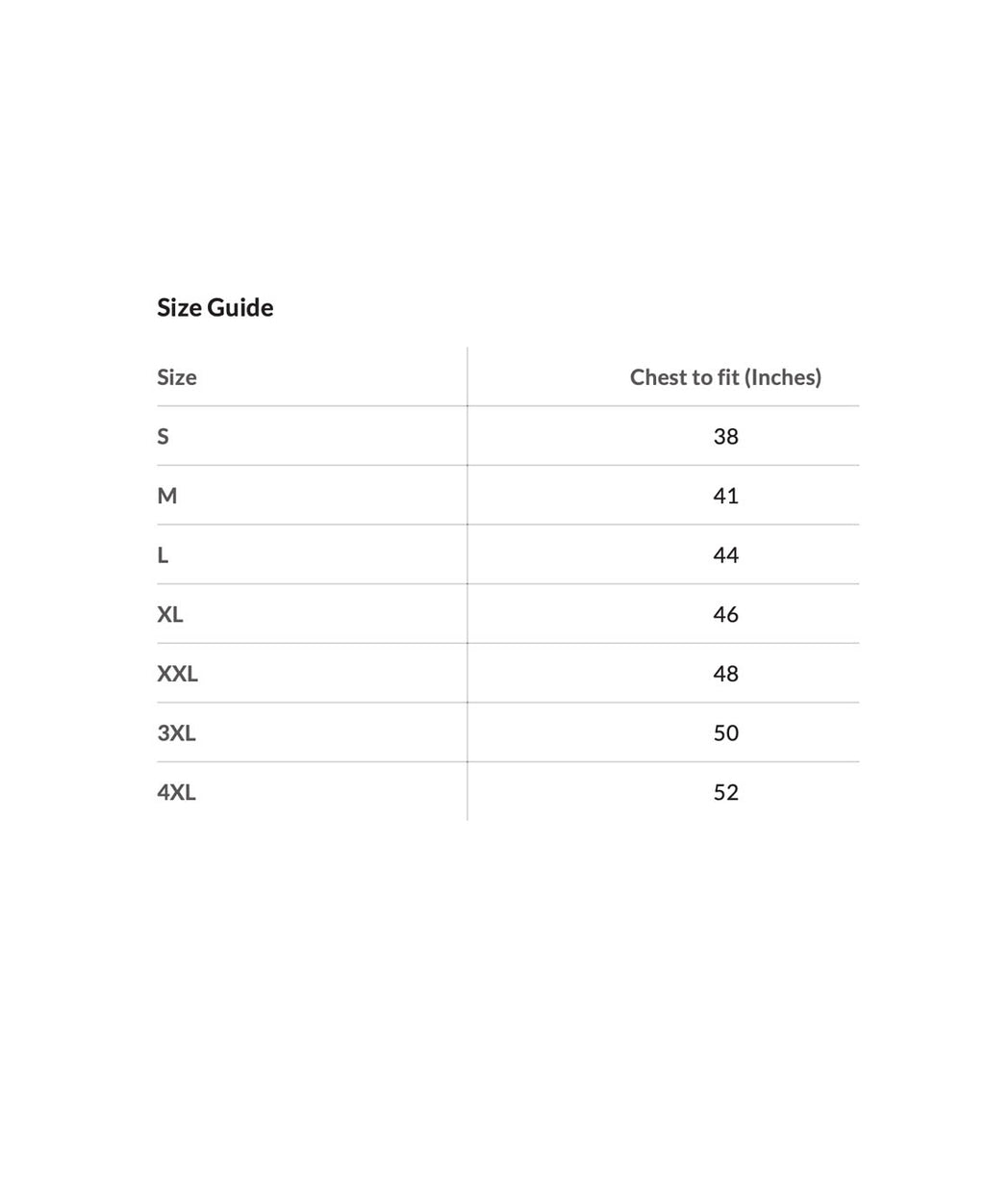 Size guide chart for clothing with chest measurements in inches.